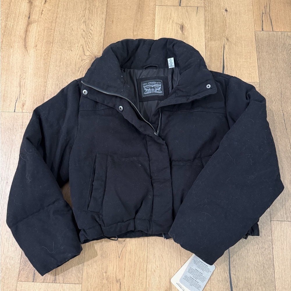 Levi Quilted Cotton Puffer Cropped Jacket Womens Black Medium